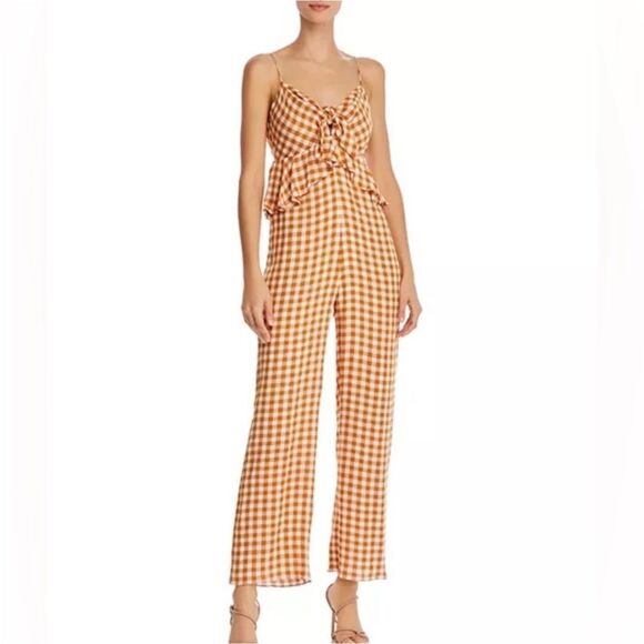 Saylor Laken Sparrow Brown White Gingham Peplum Tie Front Jumpsuit Sz M - Picture 14 of 16